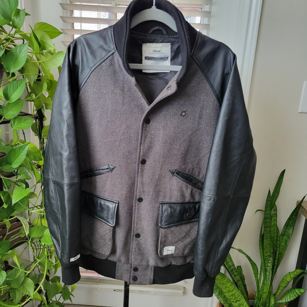 Orisue Mens Wool Blend Lambskin Leather Sleeve Varsity Bomber Jacket Grey Large